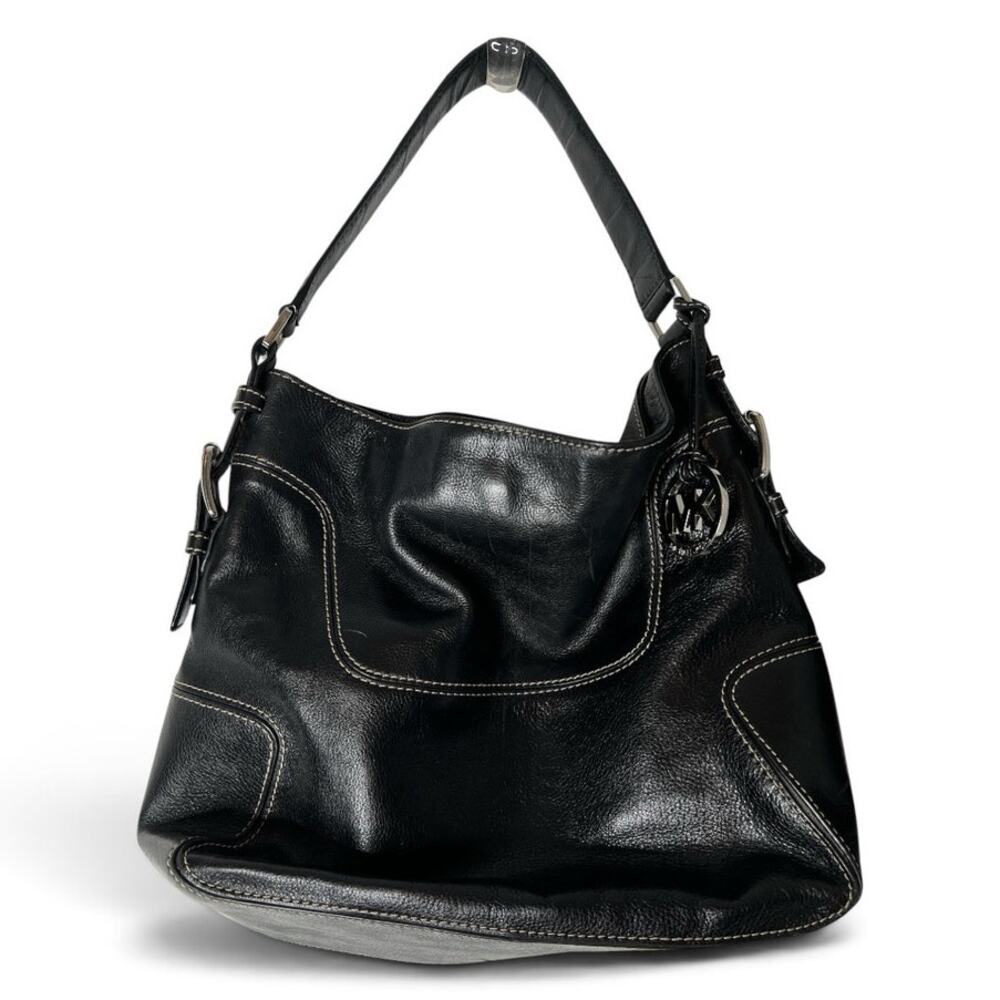 Michael Kors Brookville Large Black Leather Hobo Shoulder Bag w/Silver MK Charm